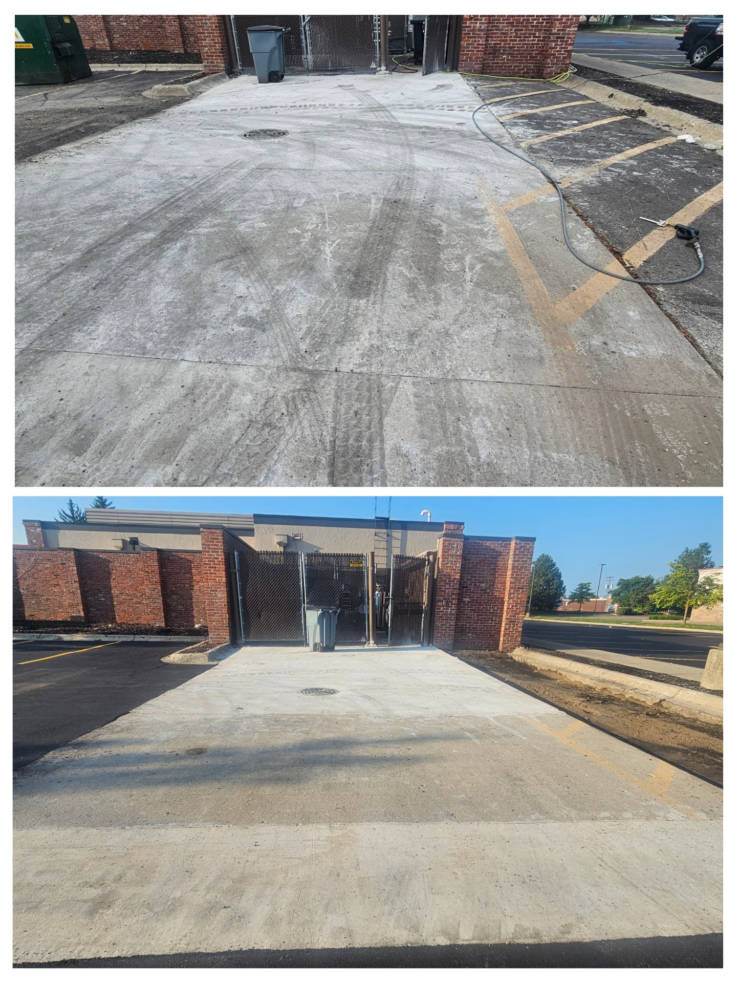 Dumpster pad before and after pressure washing