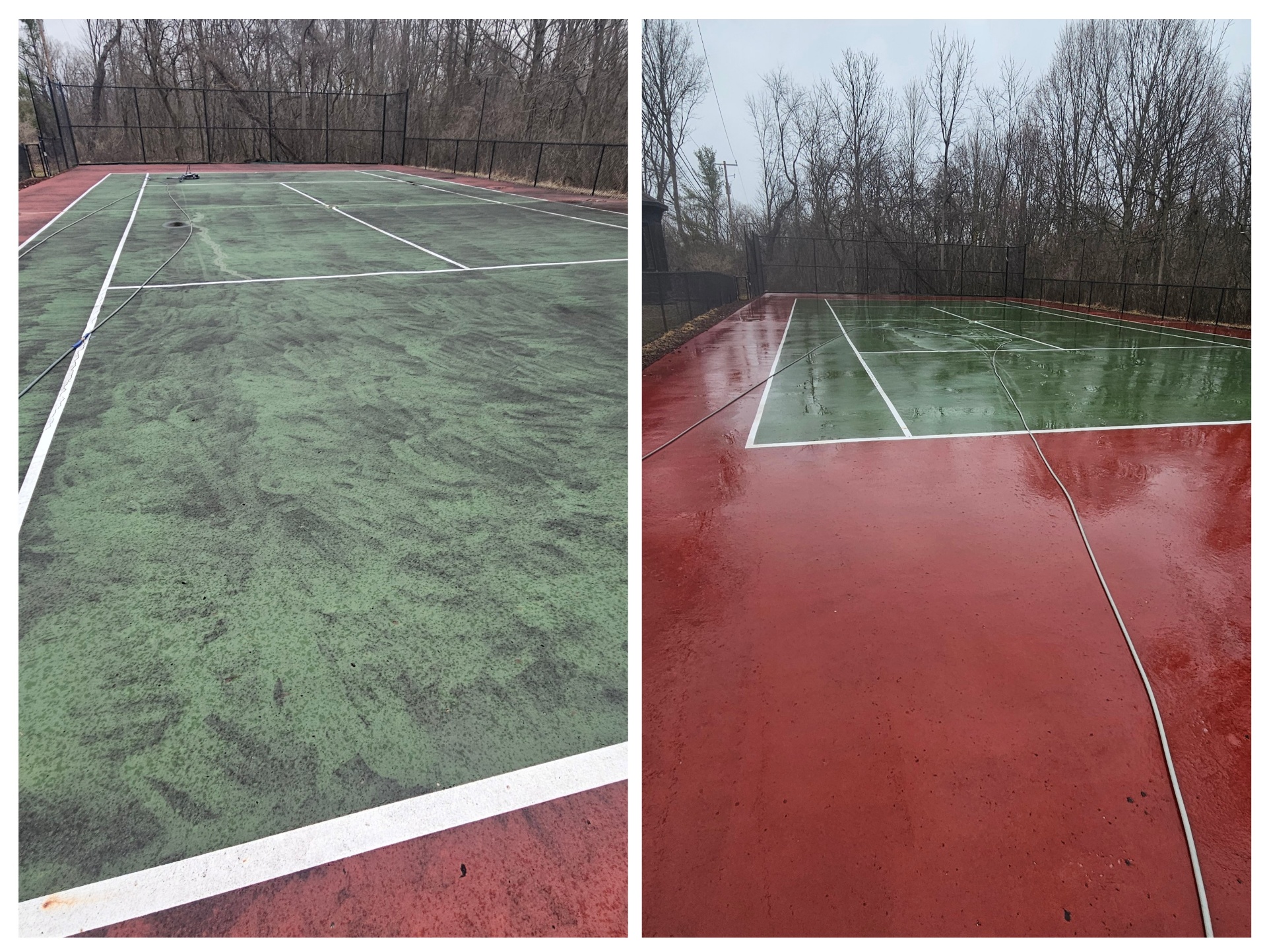 Tennis court before and after pressure washing