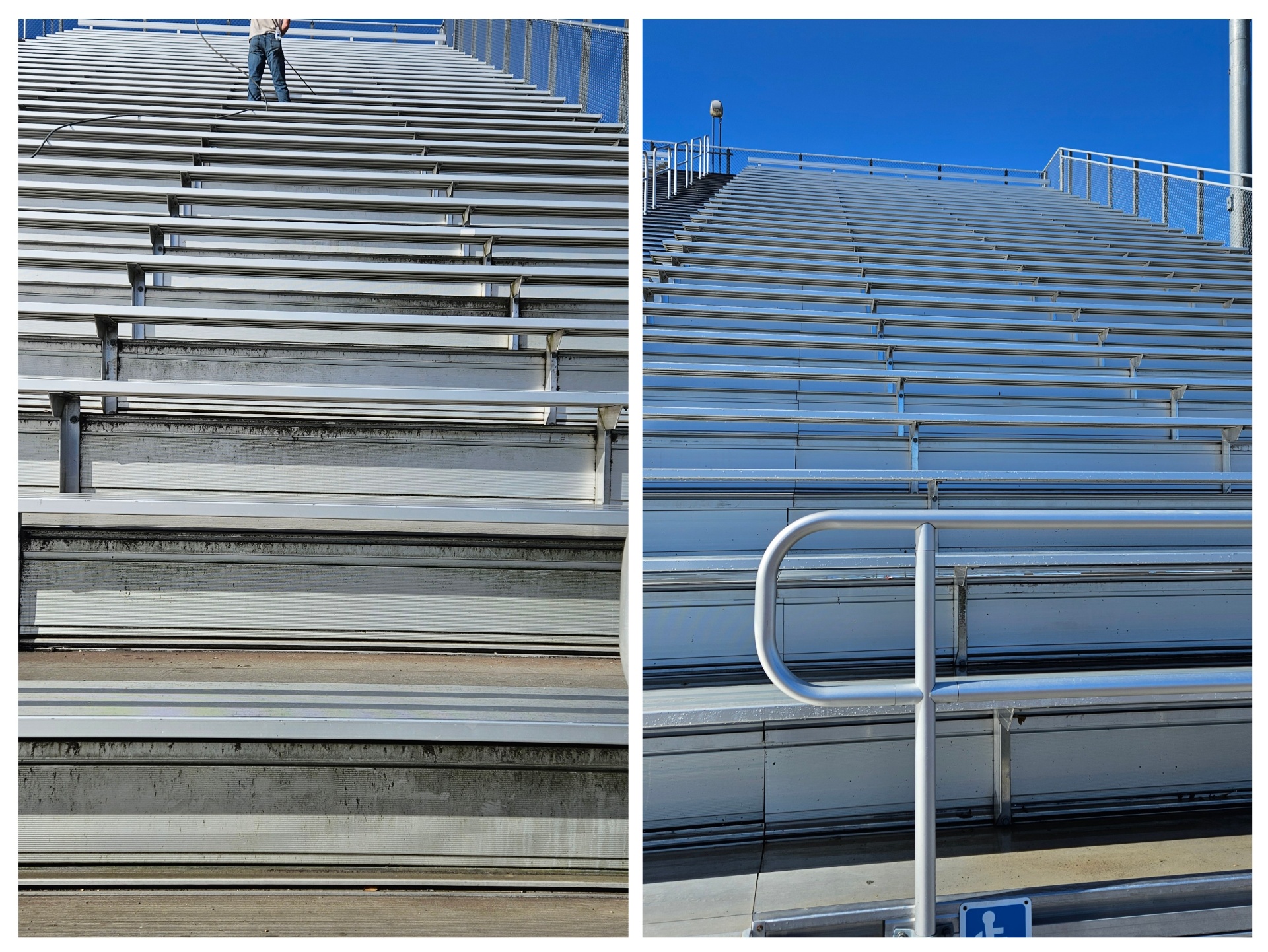 Wide view of stadium bleachers before and after cleaning