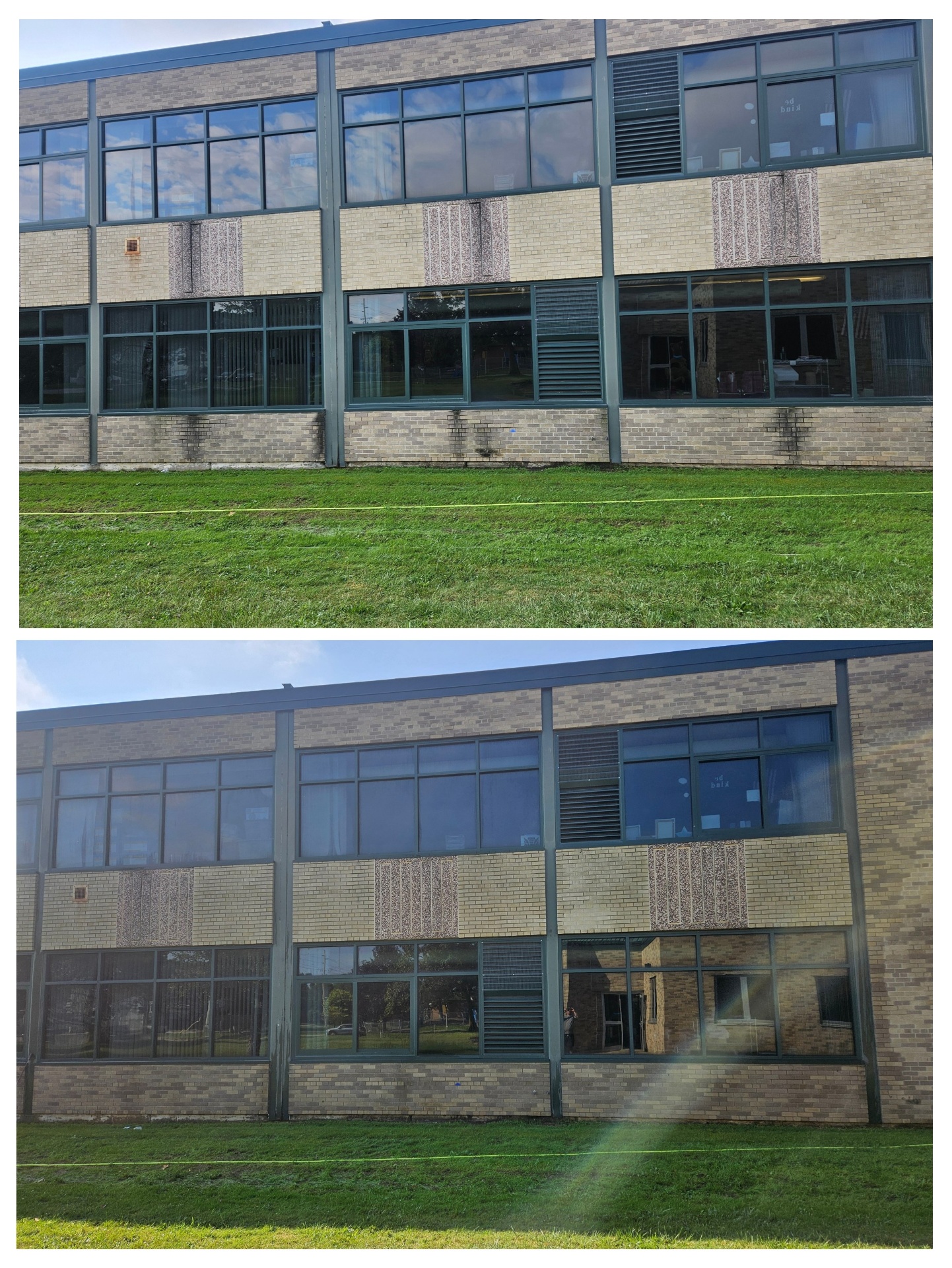 School building exterior before and after pressure washing