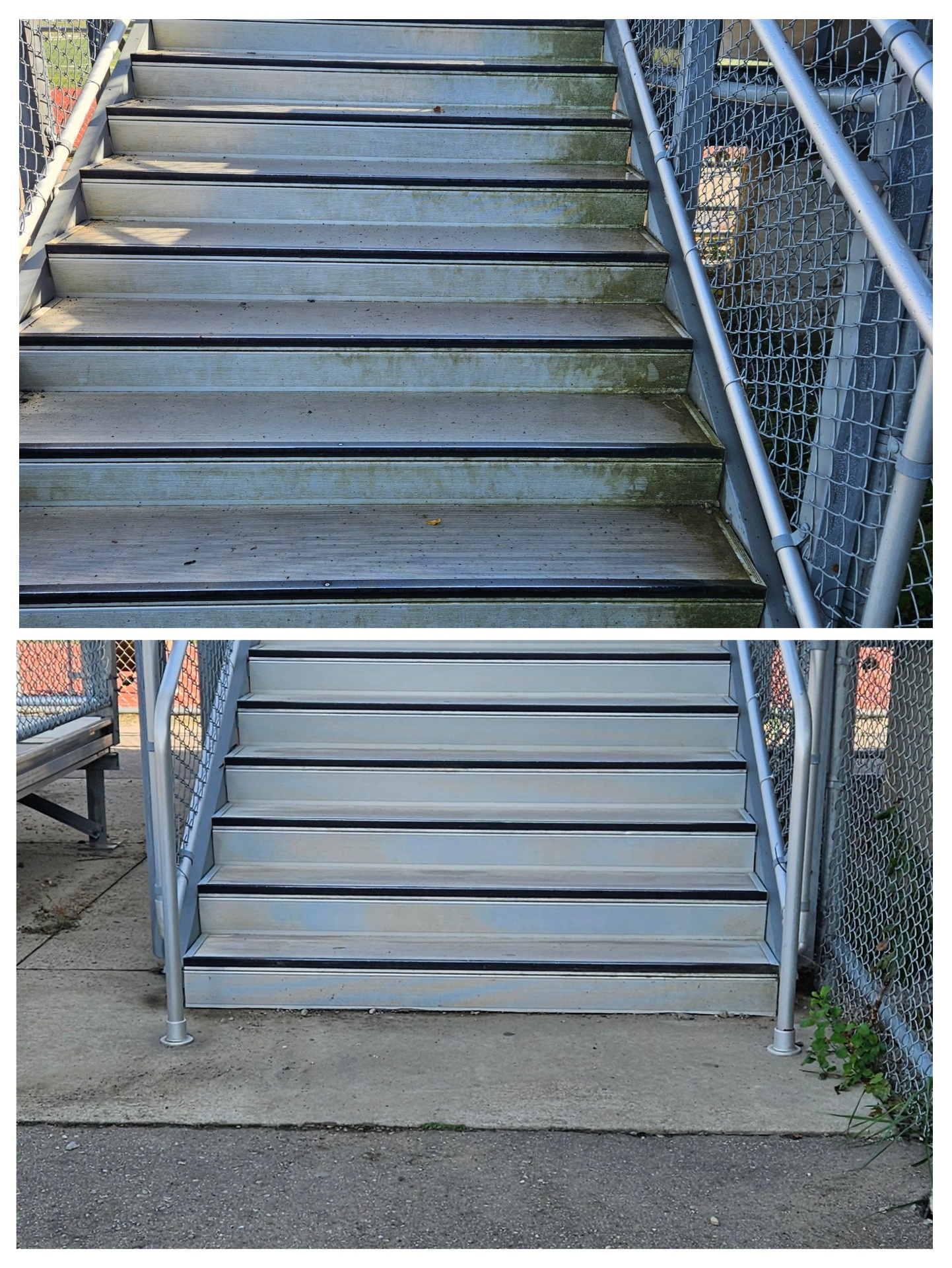 Bleacher stairs before and after pressure washing