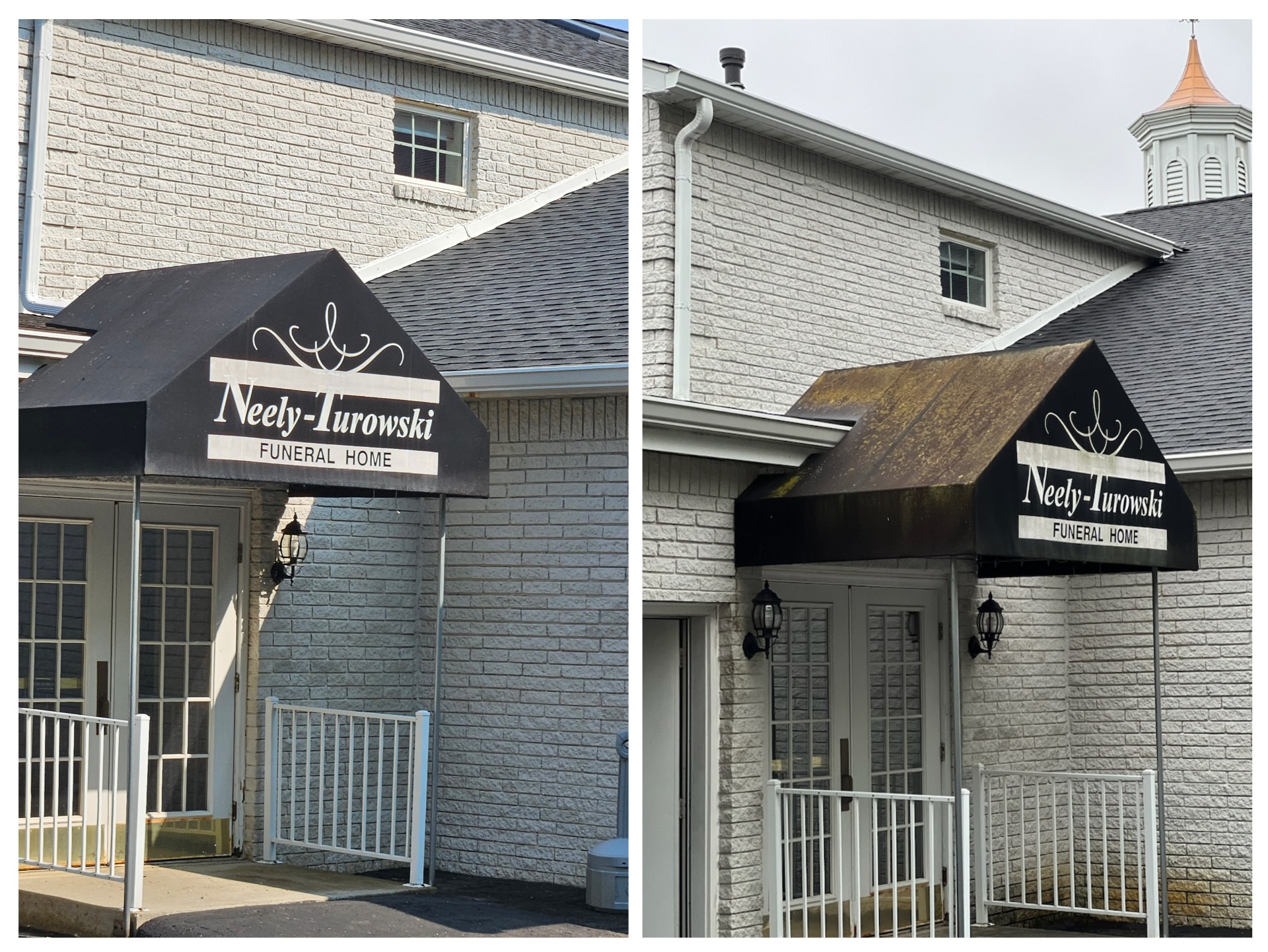 Funeral home awning and brick before and after cleaning