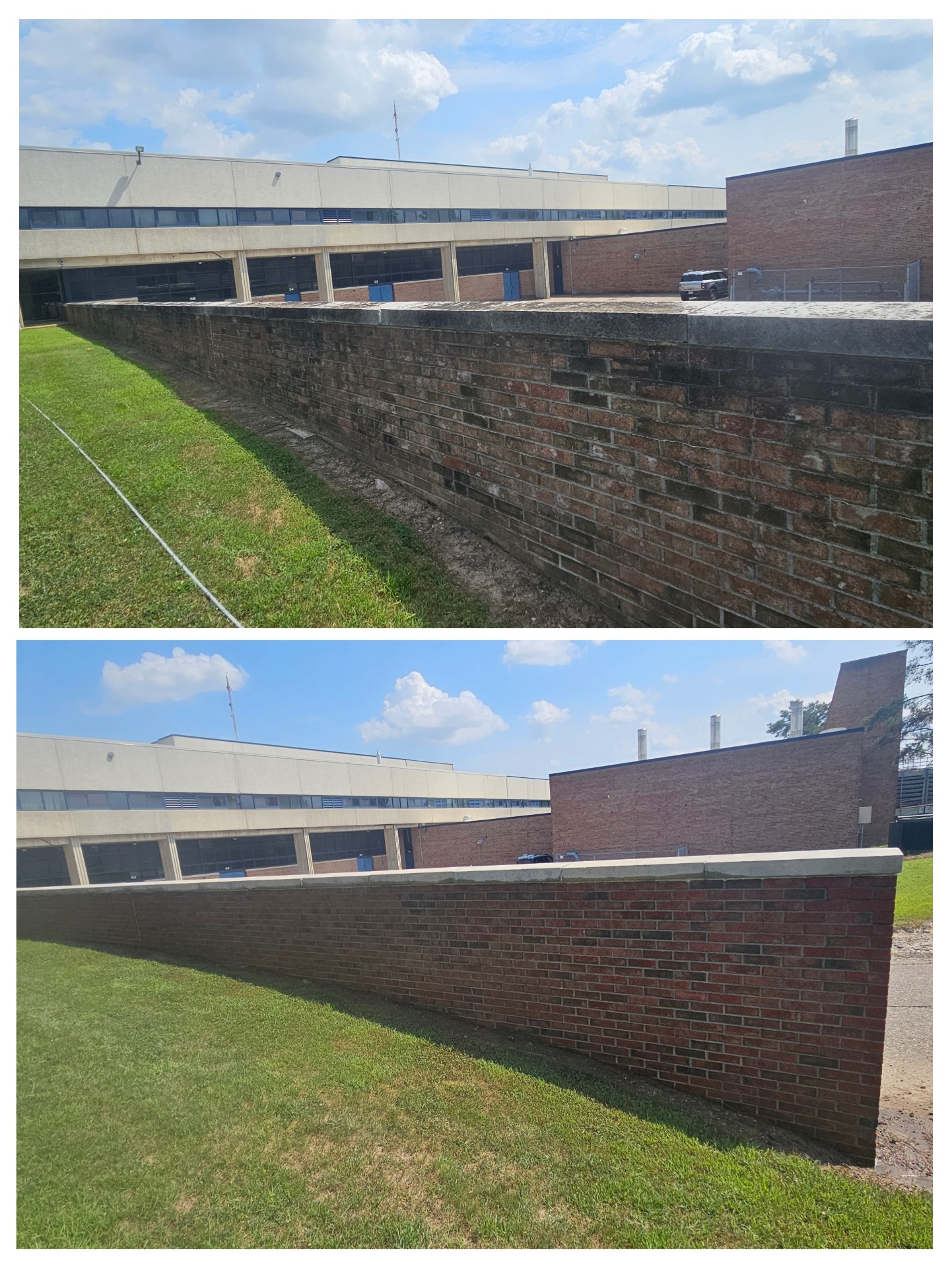 Brick retaining wall before and after pressure washing